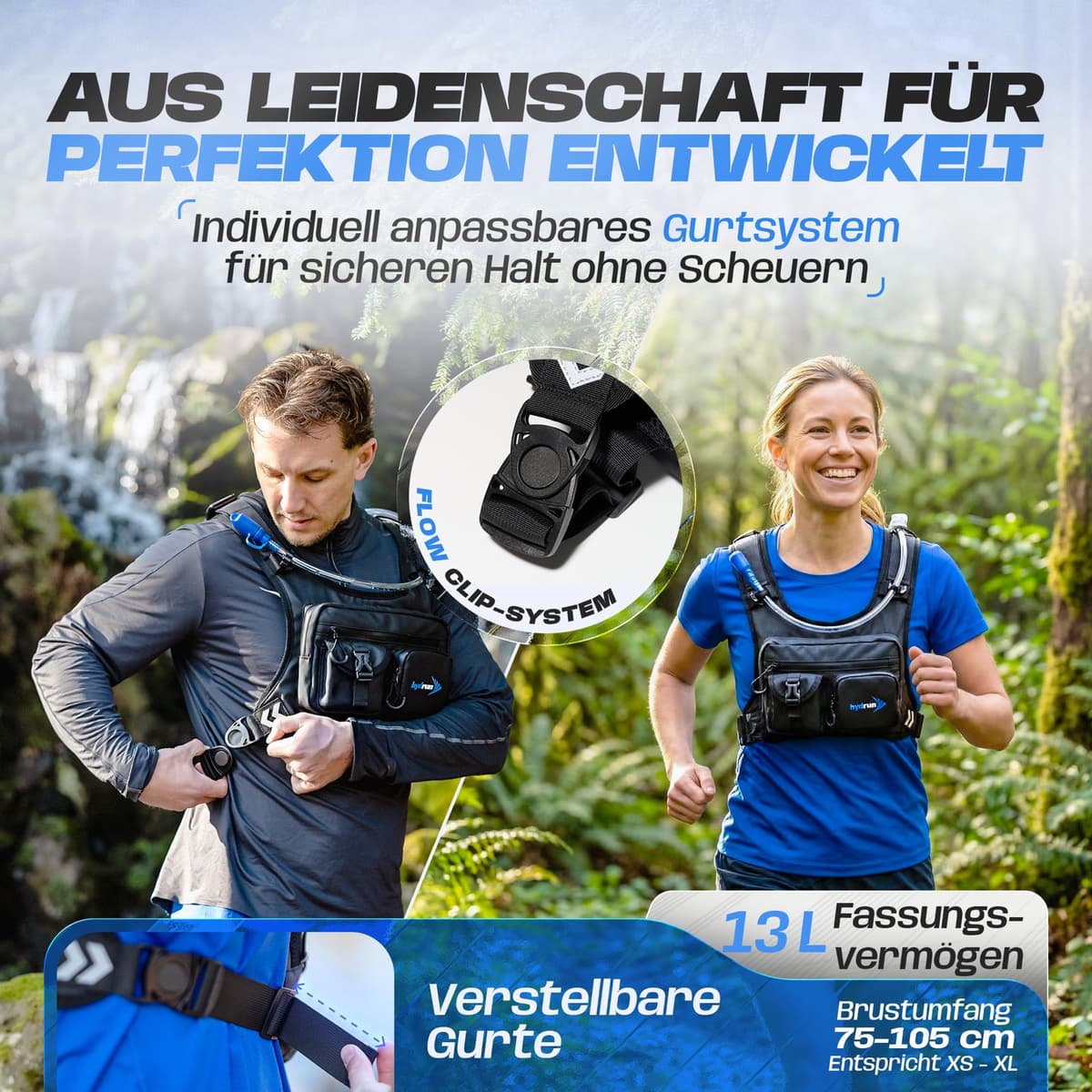 Hydrun Laufweste – verstellbares Flow-Clip-Gurtsystem, 13 L Fassungsvermögen, Brustumfang 75–105 cm